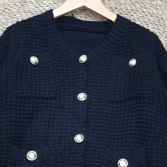Navy Chunky Knit Double Breasted Silver Button Crop Cardigan - Picture 2 of 4
